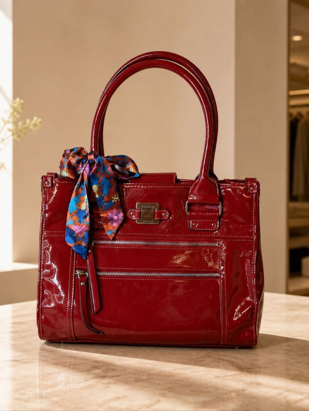Franco Sarto Patent Red Tote with Floral Scarf Accent EUC
